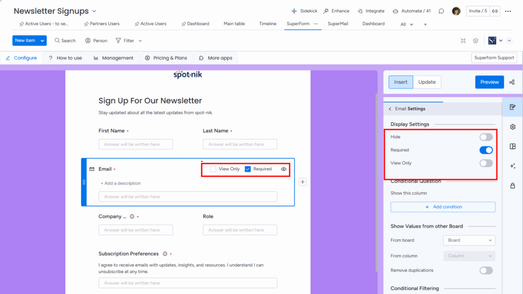 SuperForm customization settings